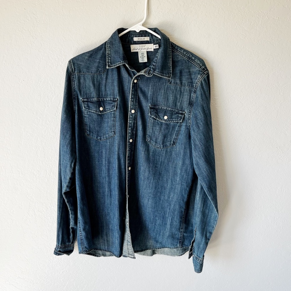 H&M Dark Denim Blue Long Sleeve Button Down Shirt Men’s M